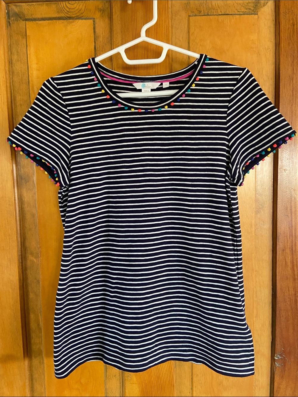 Boden Black and White Striped Short Sleeve Tee with Multicolor Pom Trim